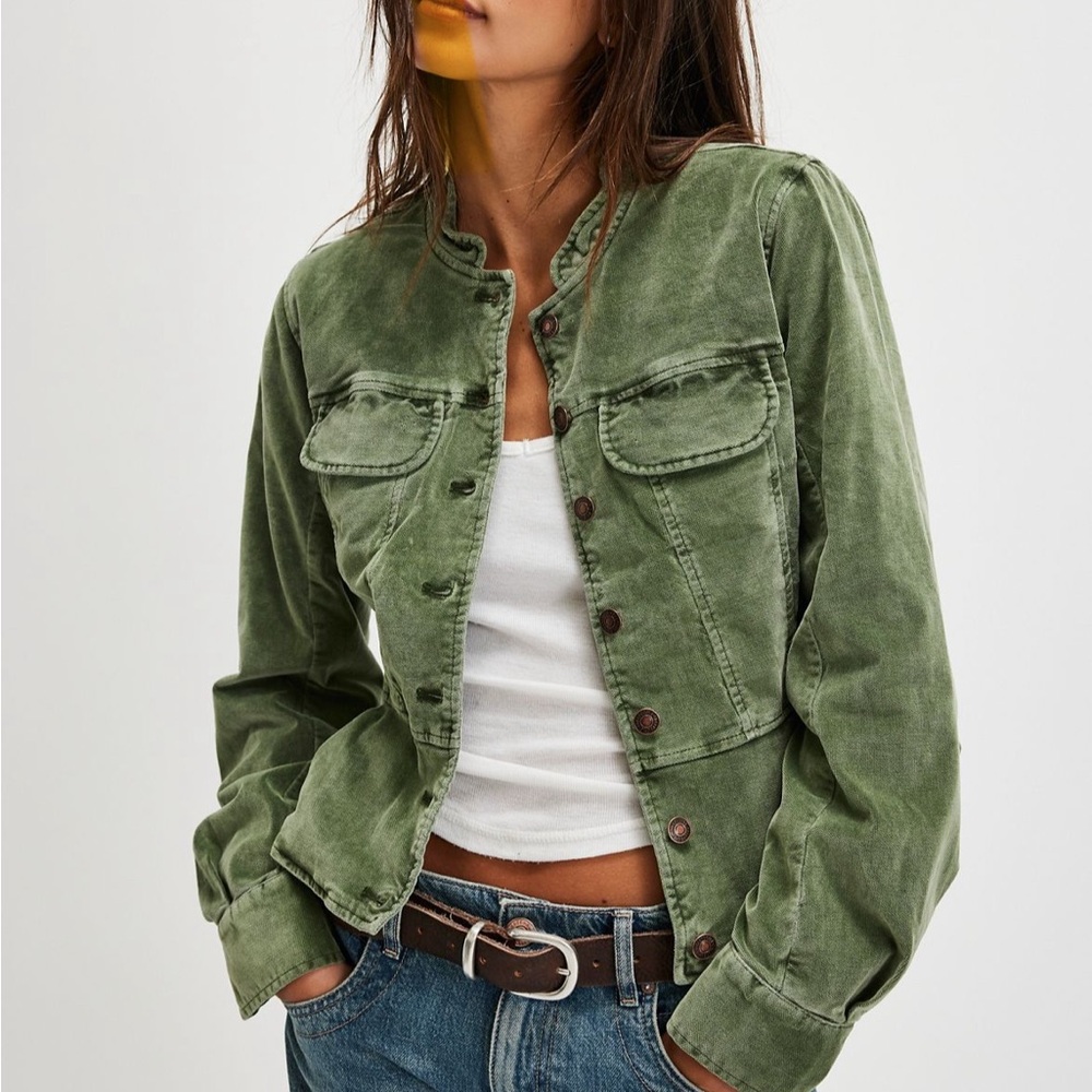 Jocelyn Free People Green Velvet Utility Jacket with Corduroy Texture